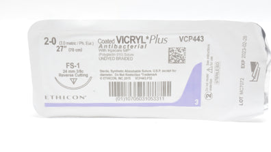 Ethicon VCP443 2-0 VICRYL Plus Stre, FS-1 24mm 3/8c Reverse Cutting 27inch (x)